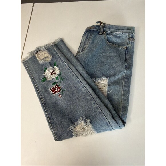 POL Floral Embroidered Crop Distressed 100% Cotton Jeans Bohemian Raw Hem Sz S - Picture 9 of 9